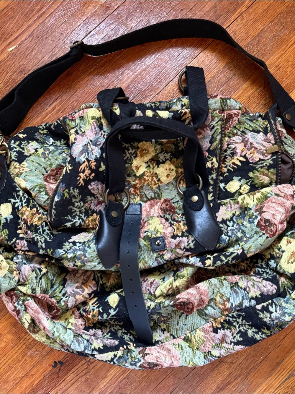Floral Tapestry Weekender Bag with Black Leather Trim